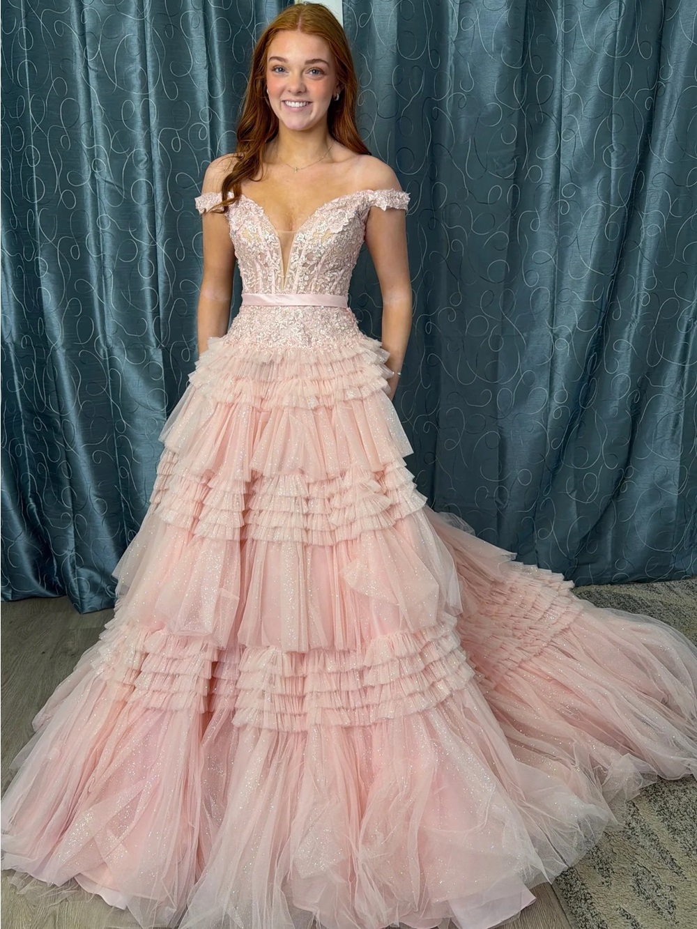 Sherri Hill Blush Pink Off-Shoulder Ruffled Tulle Ball Gown